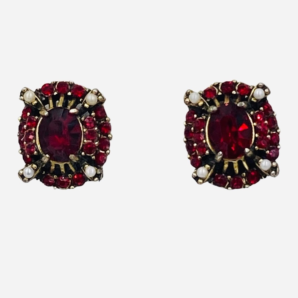 Vintage Hollycraft Red Rhinestone and Faux Pearl Bracelet and Earring Set - Picture 5 of 12